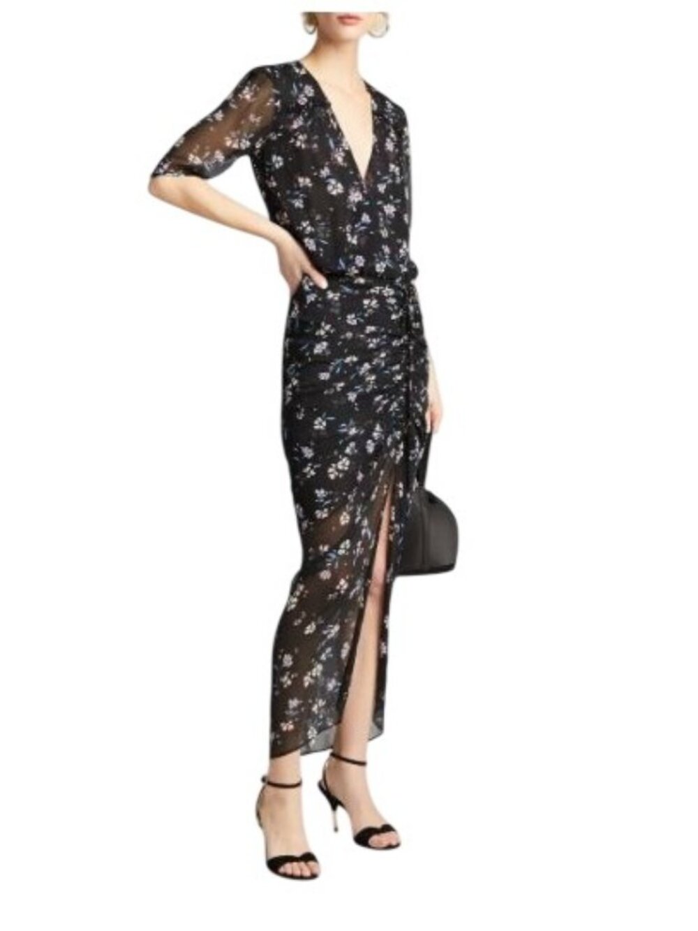Veronica Beard Mariposa Floral-Print Ruched Dress Black Purple  - Size 4
